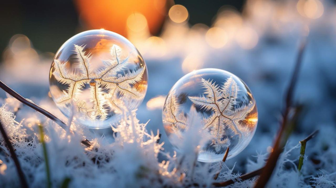Frozen soap bubbles ice crystals AI photography prompt example