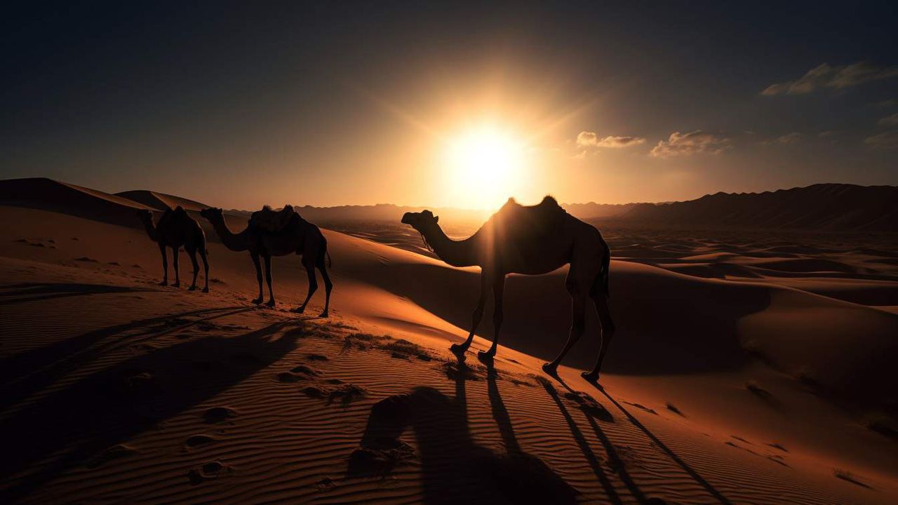 Sand dunes Morocco Sahara desert sunset AI photography prompt example