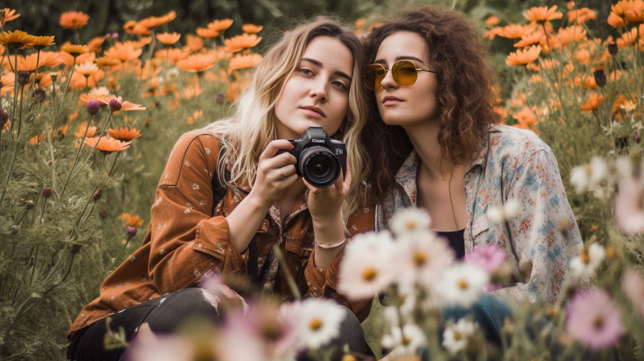Two friends posing together AI photography prompt example